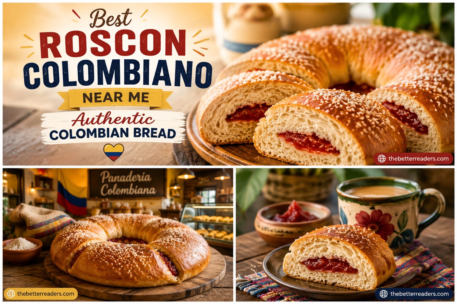 Best Roscon Colombiano Near Me – Authentic Colombian Bread with traditional guava-filled roscon, fresh bakery style, and warm Colombian bakery atmosphere.