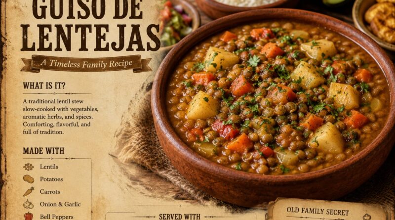 Authentic Guiso de Lentejas infographic featuring a traditional homemade Latin lentil stew with fresh vegetables, herbs, white rice, avocado, fried plantains, and classic serving suggestions.