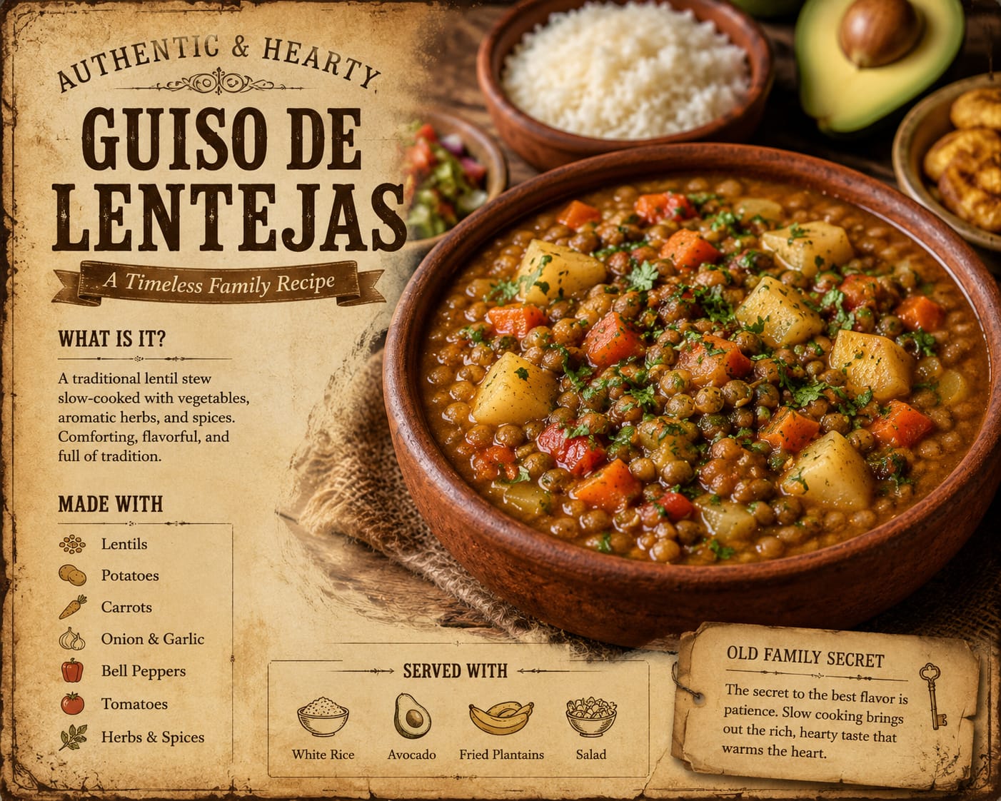 Authentic Guiso de Lentejas infographic featuring a traditional homemade Latin lentil stew with fresh vegetables, herbs, white rice, avocado, fried plantains, and classic serving suggestions.