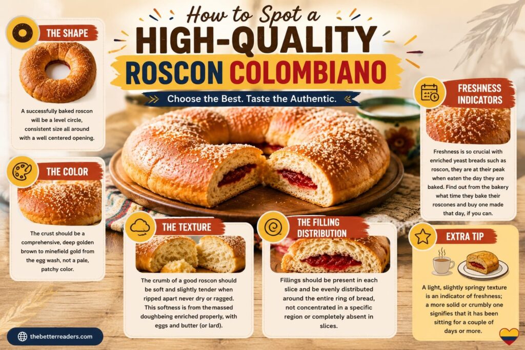 How to Spot a High-Quality Roscon Colombiano infographic showing the ideal shape, color, texture, filling distribution, and freshness indicators of authentic Colombian sweet bread.