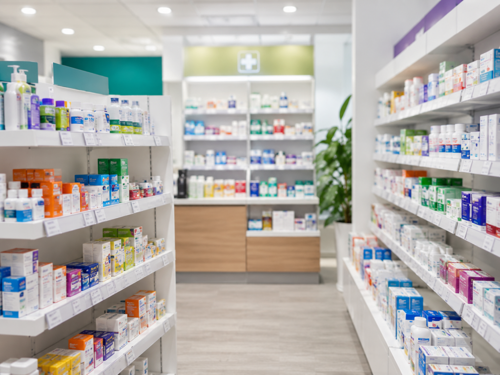Modern pharmacy interior with organized shelves