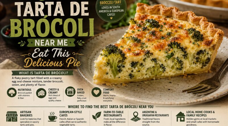 Golden Tarta de Brócoli with flaky pastry, creamy cheese filling, and fresh broccoli, highlighting the best places to find this savory pie near you.
