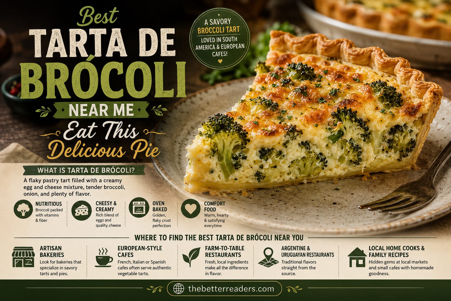 Golden Tarta de Brócoli with flaky pastry, creamy cheese filling, and fresh broccoli, highlighting the best places to find this savory pie near you.