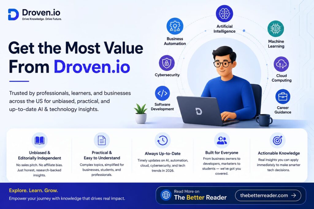 Get the most value from Droven.io with unbiased AI education, practical technology guides, editorial independence, business automation insights, cloud computing, cybersecurity, and machine learning resources