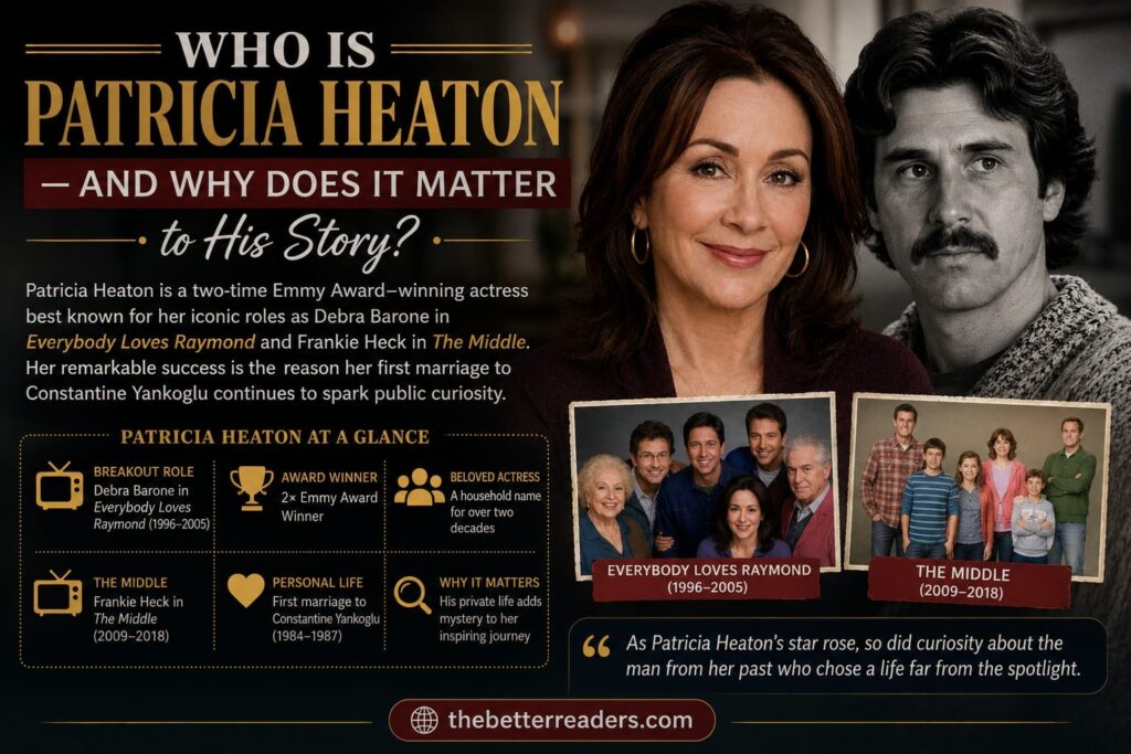 Patricia Heaton alongside Constantine Yankoglu, highlighting her successful television career and the public interest in their early marriage.