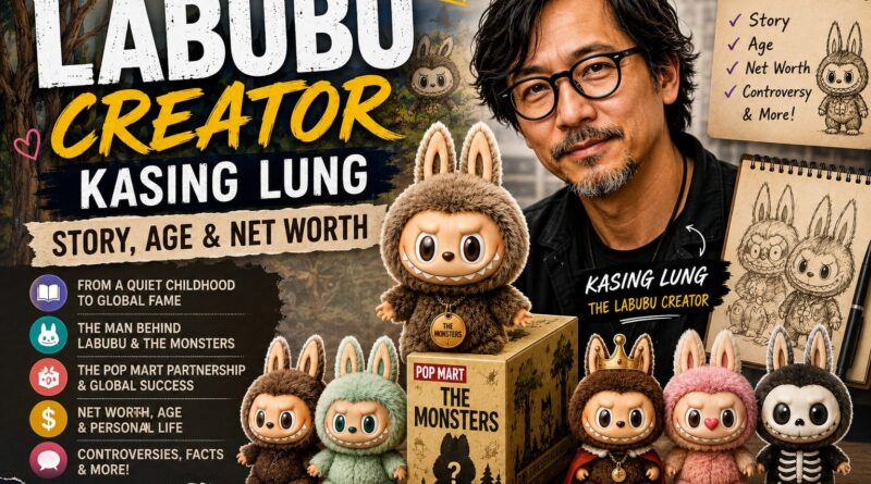 Labubu Creator Kasing Lung with Labubu characters, The Monsters collection, story, age, net worth, and thebetterreaders.com branding.