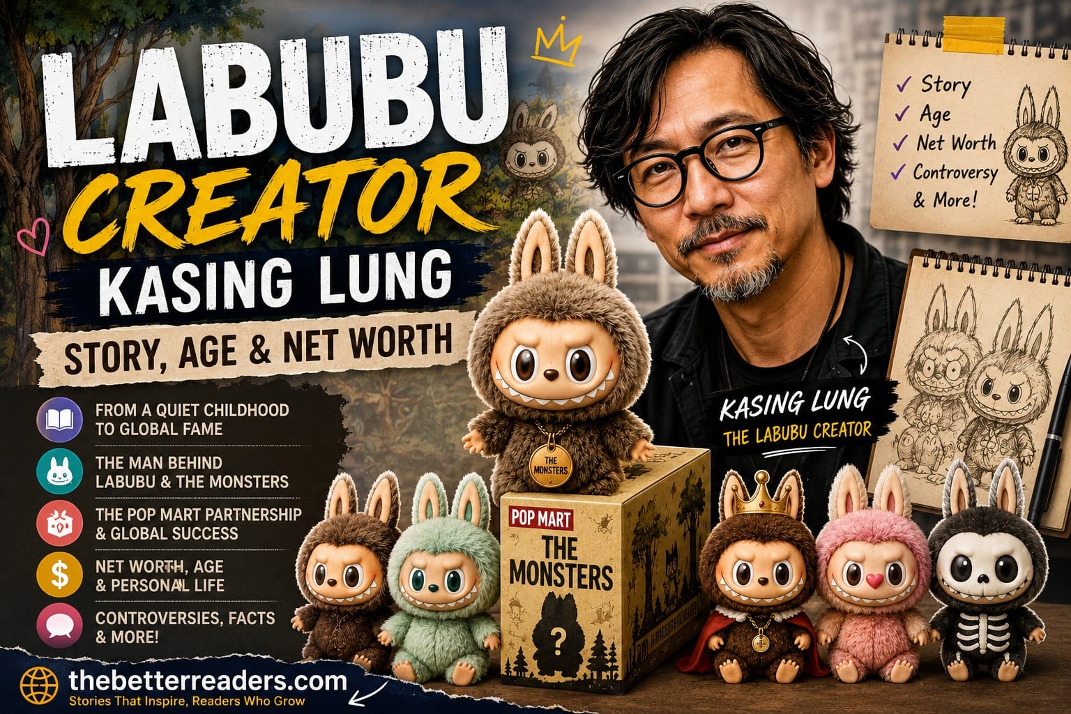 Labubu Creator Kasing Lung with Labubu characters, The Monsters collection, story, age, net worth, and thebetterreaders.com branding.