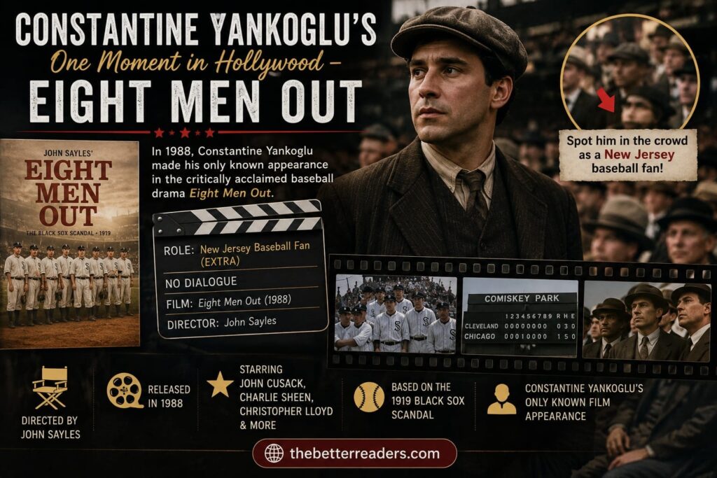 Constantine Yankoglu's only known film appearance in Eight Men Out (1988), showcasing his brief Hollywood connection and baseball-themed background.