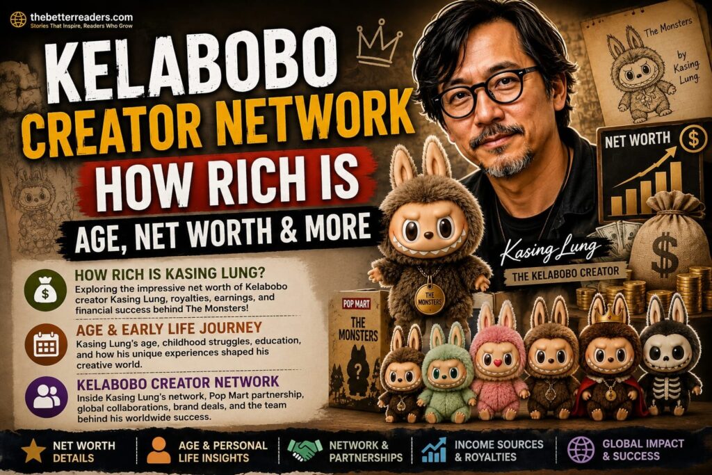 Labubu Creator Kasing Lung with Labubu characters, The Monsters collection, story, age, net worth, and thebetterreaders.com branding.