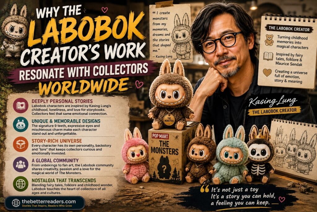 Kasing Lung surrounded by Labubu and The Monsters characters, highlighting why collectors worldwide love his storytelling and unique designs
