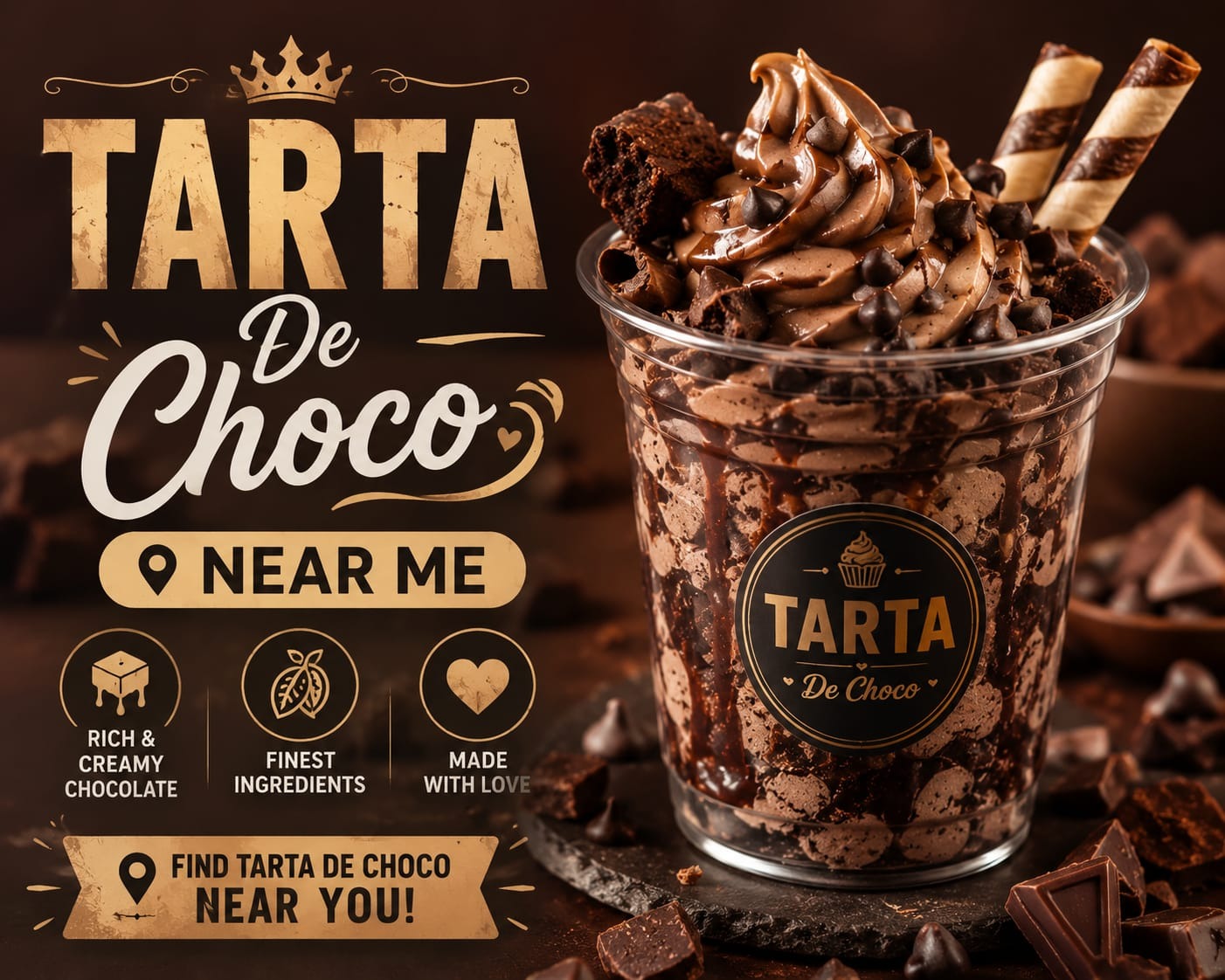 Best Tarta De Choco Near Me served in a glass cup with rich chocolate soft serve, brownie chunks, chocolate syrup, and premium toppings.