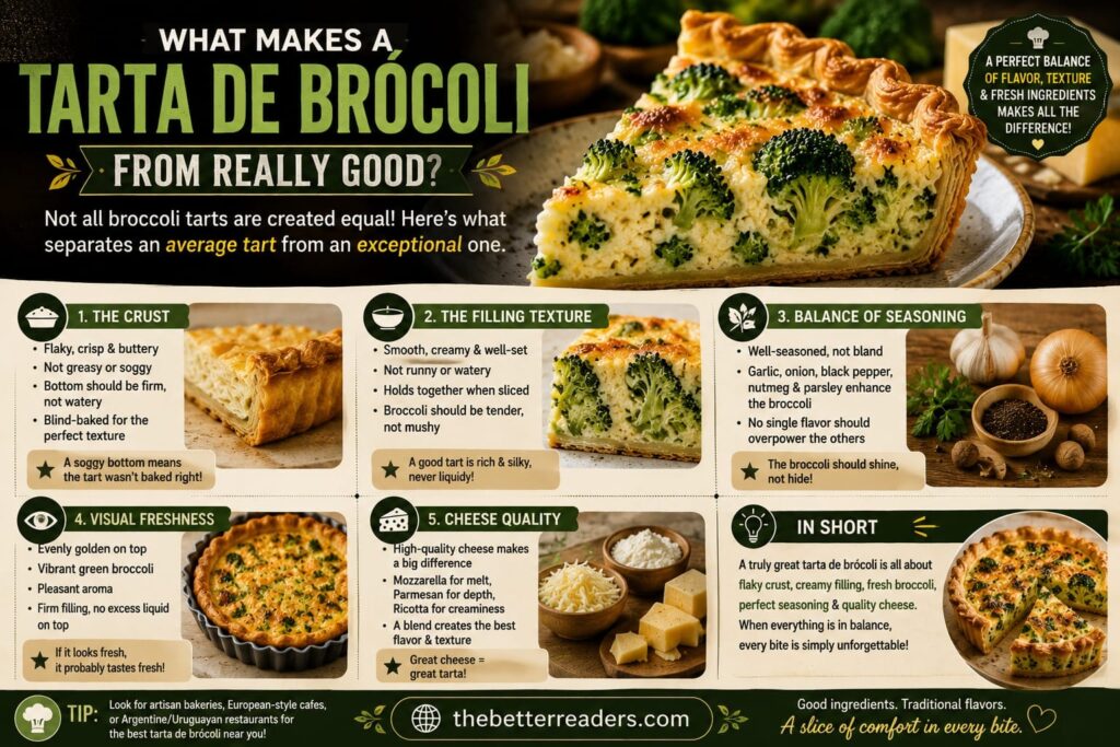 Freshly baked Tarta de Brócoli showing flaky crust, creamy broccoli filling, premium cheese, and balanced seasoning for the perfect savory tart.