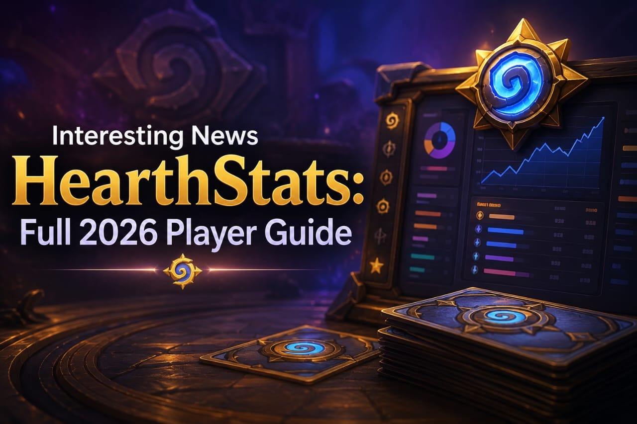 Gaming-themed feature image with HearthStats-inspired analytics dashboard, fantasy card elements, and the title "Interesting News HearthStats: Full 2026 Player Guide."