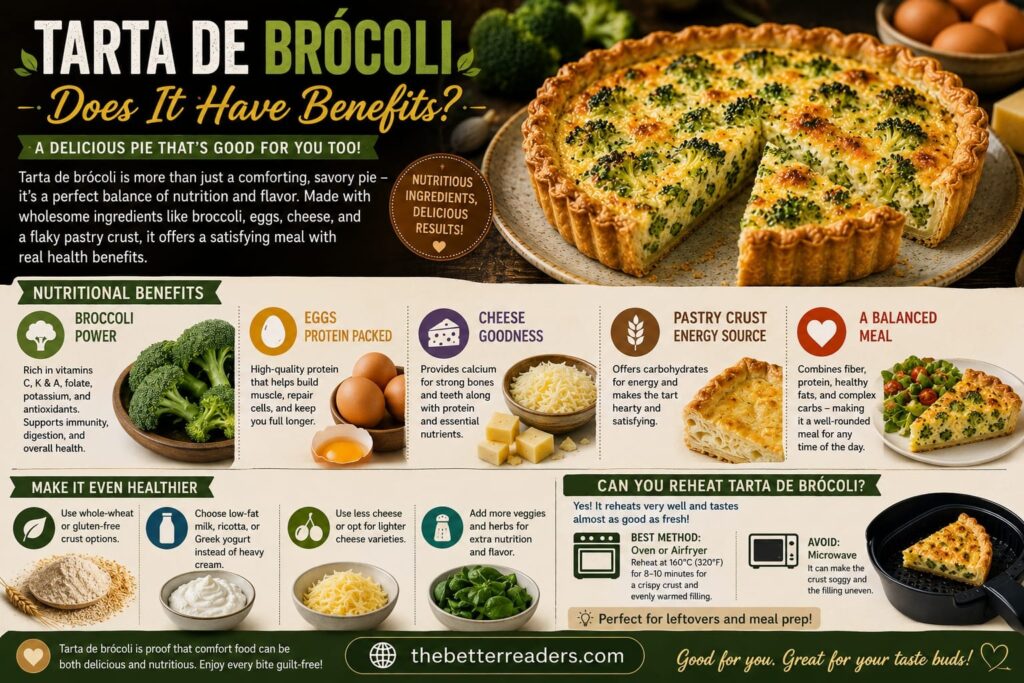 Nutritious Tarta de Brócoli made with broccoli, eggs, cheese, and flaky pastry, showcasing its health benefits, wholesome ingredients, and reheating tips.