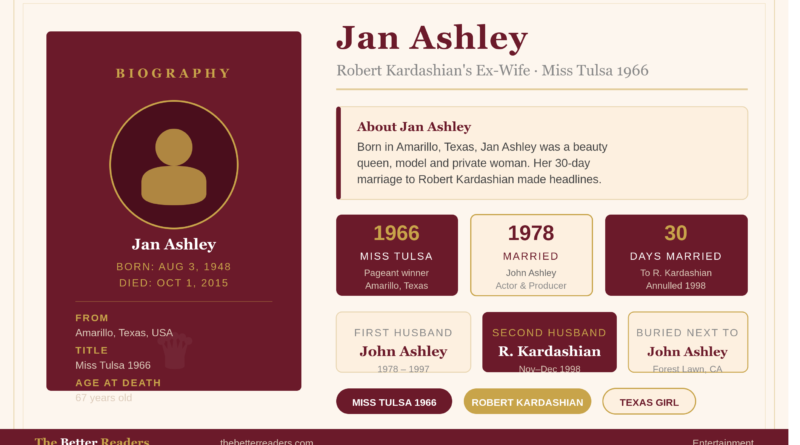 Jan Ashley biography feature image in burgundy and gold tones showing her name, birth August 3 1948, death October 1 2015, Miss Tulsa 1966 title, three stat boxes showing her pageant win in 1966, marriage to John Ashley in 1978, and 30-day marriage to Robert Kardashian in 1998, plus burial next to John Ashley at Forest Lawn California. TheBetterReaders.com branding at bottom.
